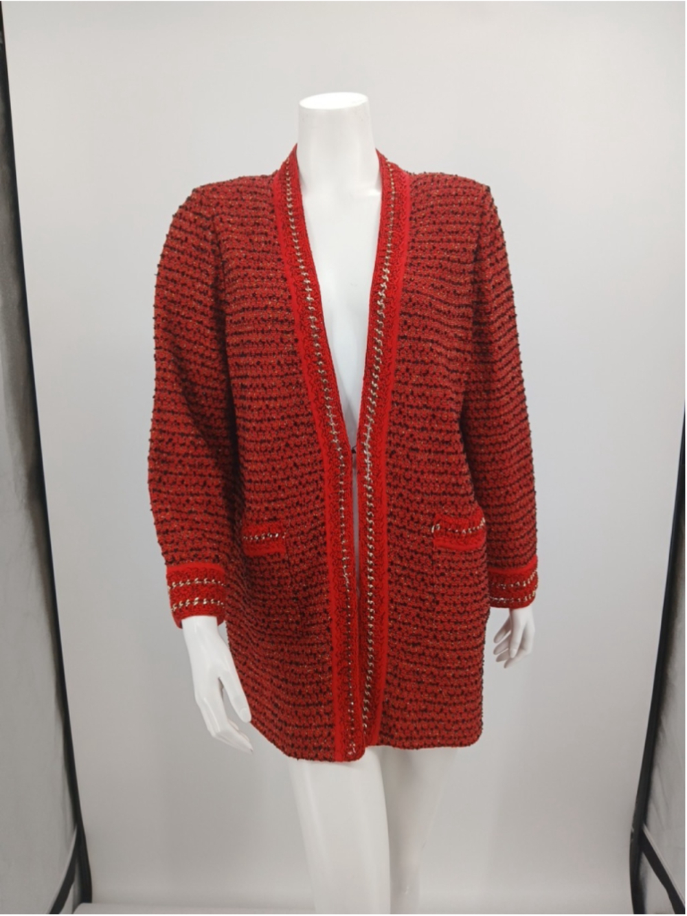 Misook Open Cardigan Women L Gold Chain Pockets Classic Old Money Glam Holidays